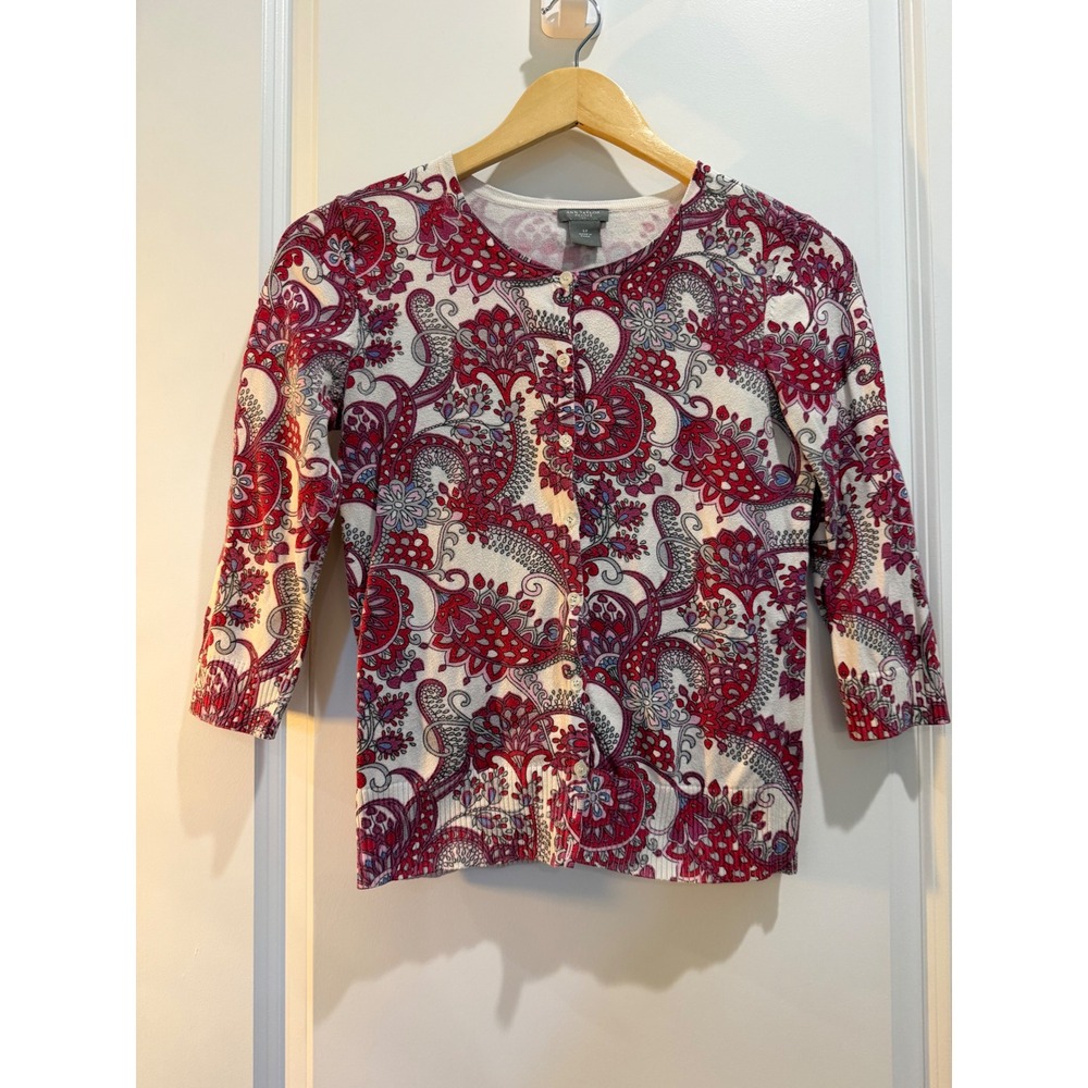 Ann Taylor Petites Cotton Paisley Cardigan Red Purple White S 3/4 Sleeve Sweater